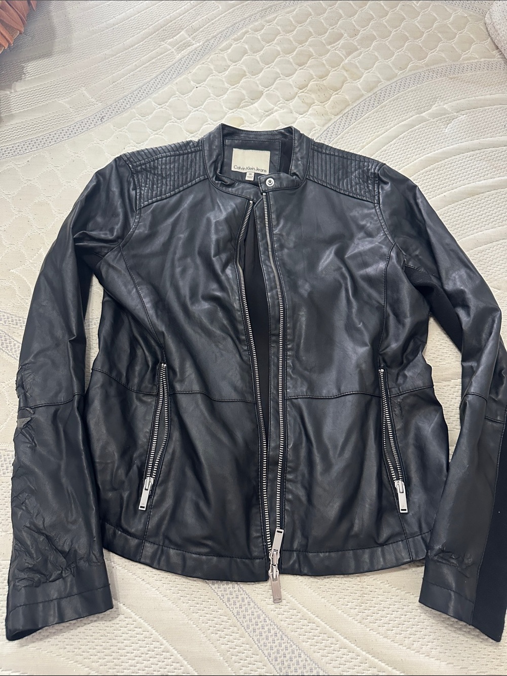 Calvin Klein Black Quilted-Shoulder Leather Moto Jacket